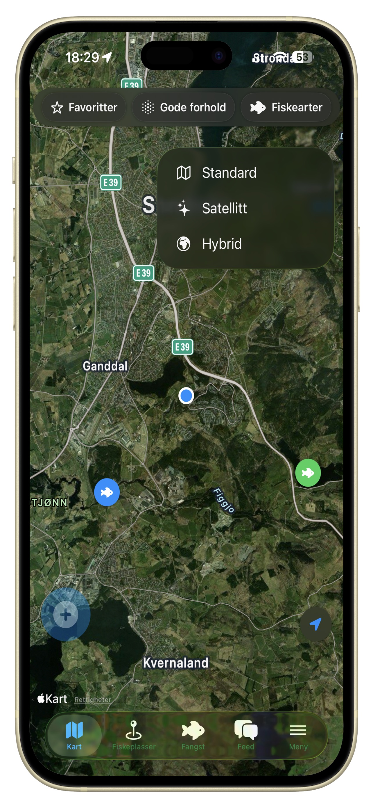 Kartvisning med fiskeplasser og lagrede favoritter