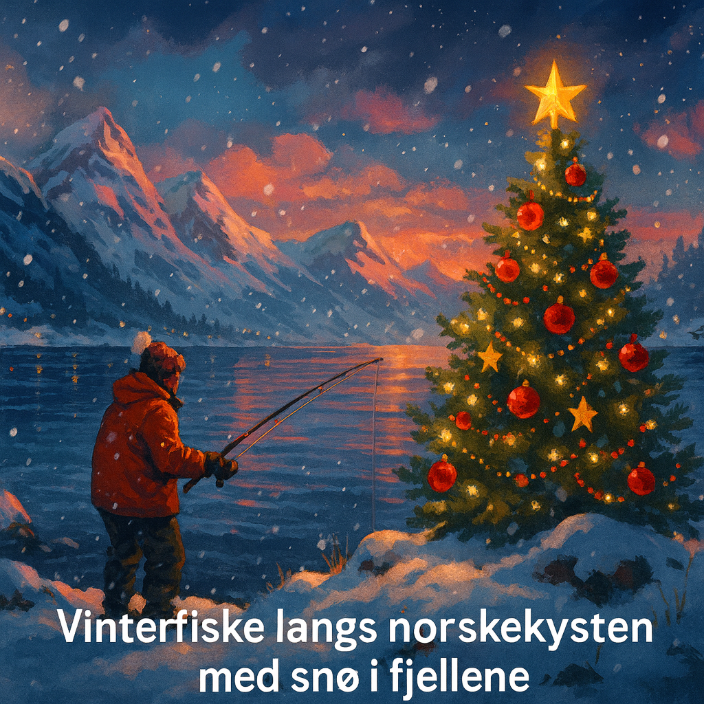 Vinterfiske langs norskekysten med snø i fjellene